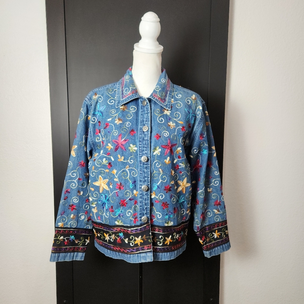 VINTAGE 90s NEW DIRECTION DENIM EMBROIDERED SHIRT JACKET SIZE LARGE